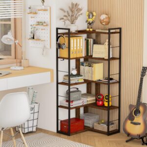 RKVPCNE 5 Tier L Shaped Bookshelf Wood Bookcase with 2 Hooks Modern Corner Bookshelf Library Industrial Shelving Book Case Adjustable Book Shelves for Bedroom Living Room Home Office Rustic Brown