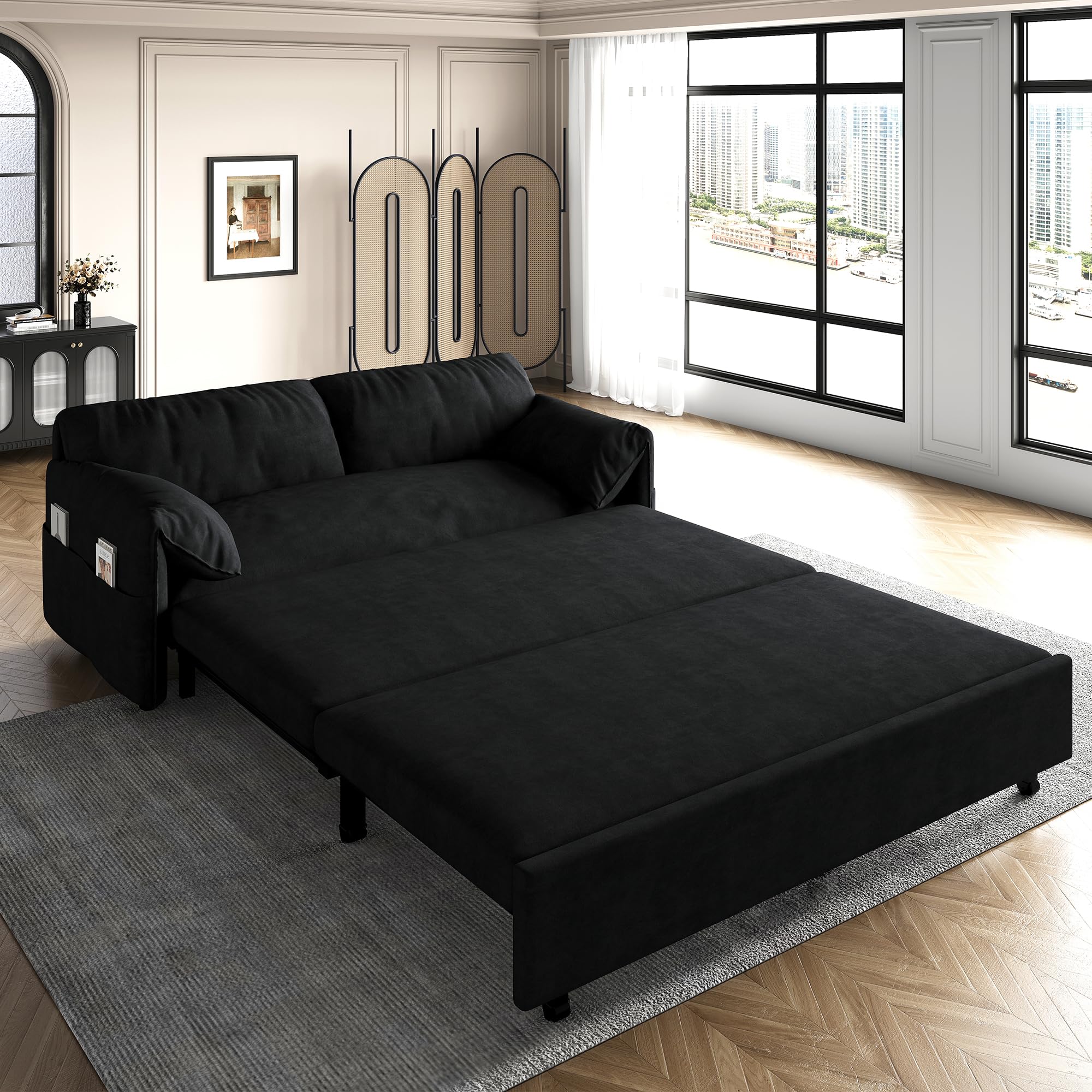 GNIXUU 63.8" Queen Pull Out Sofa Bed, Velvet Convertible Sleeper Sofa Couch with Side Storage, Comfy Loveseat Bed Pull Out Couch for Living Room, Apartment, Small Space(Black)