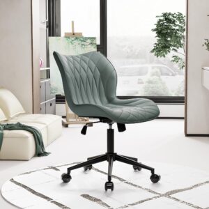 YOUNUOKE Armless Desk Chair Comfy Office Chair with Wheels Home Ergonomic Task Chair Adjustable Computer Chairs Modern Faux Leather Swivel Chair Upholstered Makeup Vanity Chair(Grayish Green)