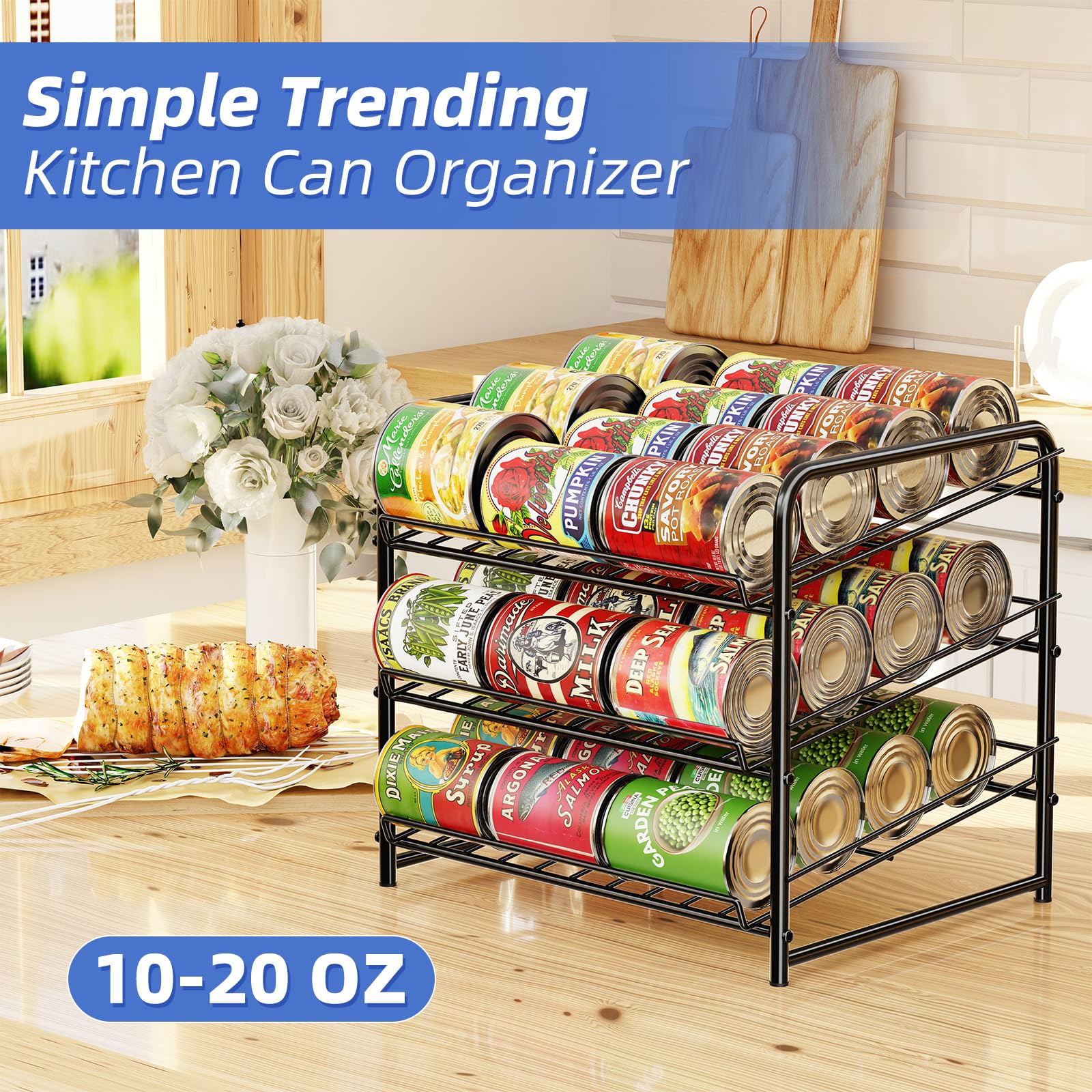 Simple Trending Can Rack Organizer, Stackable Can Storage Dispenser Holds up to 36 Cans for Kitchen Cabinet or Pantry, Black