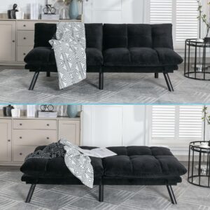 Anwick Modern Futon Couch Bed Sofa: Velvet Fabric Quick Folding Armrest Space-Saving Convertible 2 Seater Loveseat for Living Room Bedroom Small Rooms Apartment (Black)