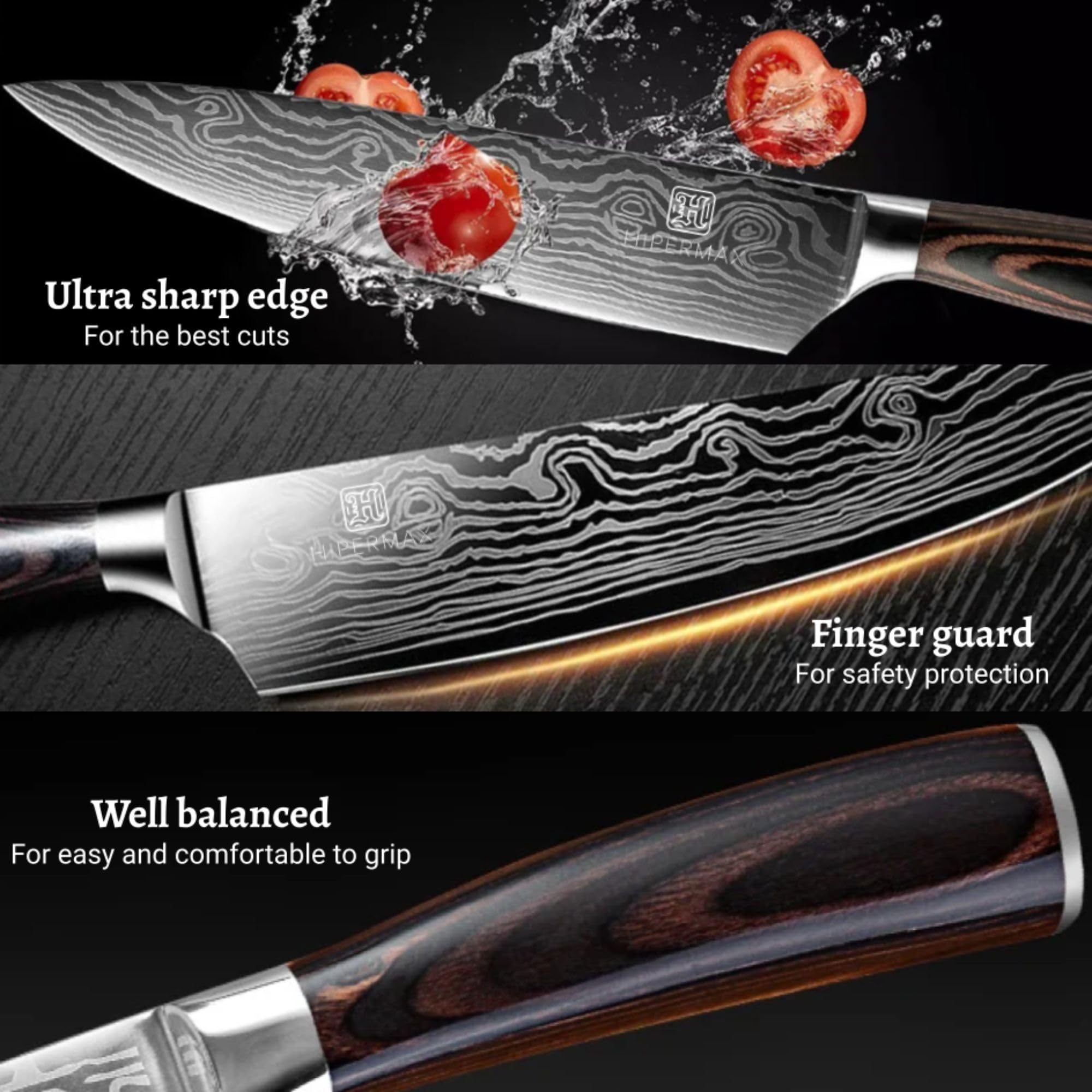 HIPERMAX Damascus 8 inch professional and household chef's knife made of sharpened stainless steel with high carbon content and ergonomic pakka wood handle for cutting food, luxury gift case