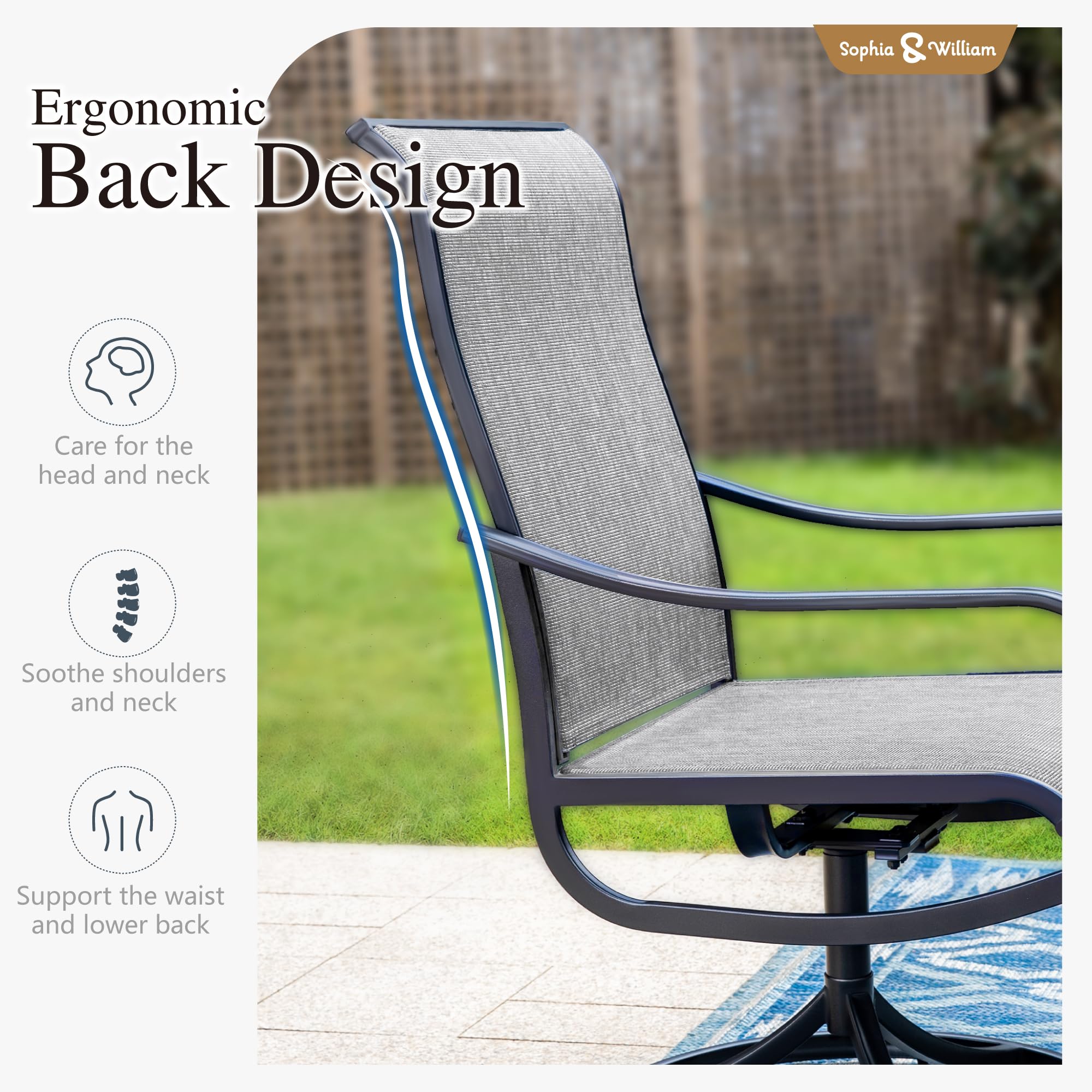 Sophia & William Patio Chairs Set of 2, Swivel Outdoor Chairs Textilene Patio Dining Chairs Heavy Duty with Metal Frame Support 300lbs for Lawn Yard Garden All Weather Grey