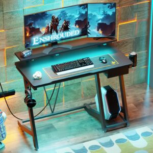 TREETALK Gaming Desk with Power Outlets & Music Strip Lights, Computer Desk with Large Monitor Stand&Drawer, Gamer Workstation with CPU Stand for Home Office