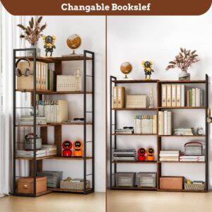 RKVPCNE 5 Tier L Shaped Bookshelf Wood Bookcase with 2 Hooks Modern Corner Bookshelf Library Industrial Shelving Book Case Adjustable Book Shelves for Bedroom Living Room Home Office Rustic Brown