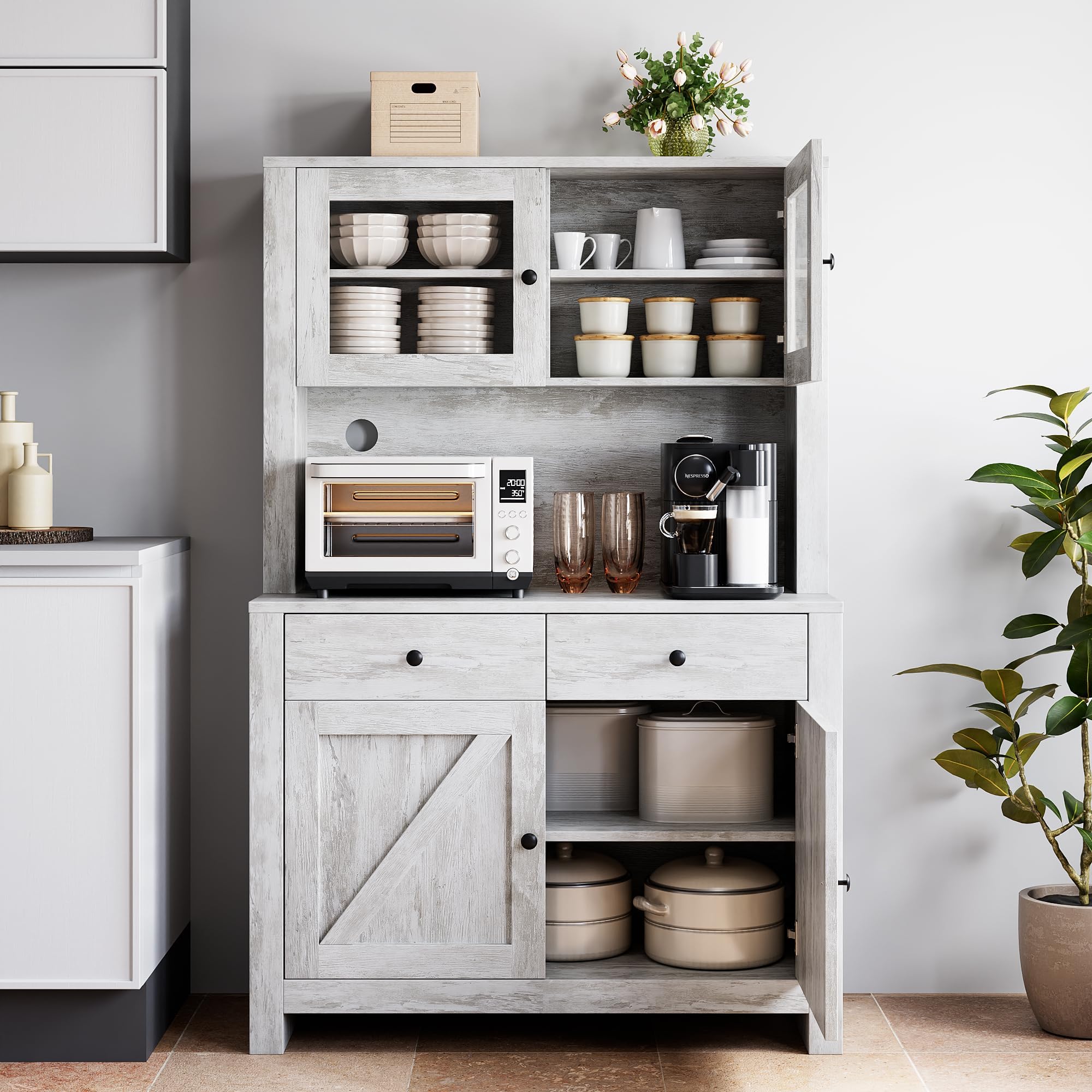 IDEALHOUSE Kitchen Pantry Cabinet with Microwave Stand, Freestanding Hutch with Drawers, Doors & Adjustable Shelves, Buffet Cabinet with Storage, Food Pantry for Kitchen, Dining Room, Grey