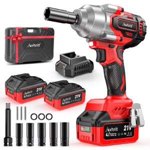 avhrit cordless impact wrench 1/2 inch, 850n.m/630ft-lbs 1/2 impact wrench, high torque impact gun w/ 2x 4000mah battery, charger & 5 sockets, power impact driver for car home