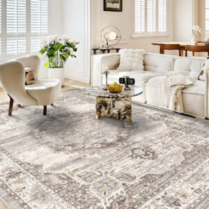 washable living room area rug：8x10 bedroom rugs - farmhouse distressed printed floral carpet - foldable non-shedding floor carpet for dining room 8'x10' beige