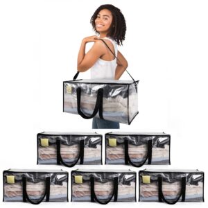 6-pack extra-large, heavy-duty, semi-transparent moving bags totes for clothes, storage, supplies - removable and adjustable shoulder straps, double zippers, and reinforced handles