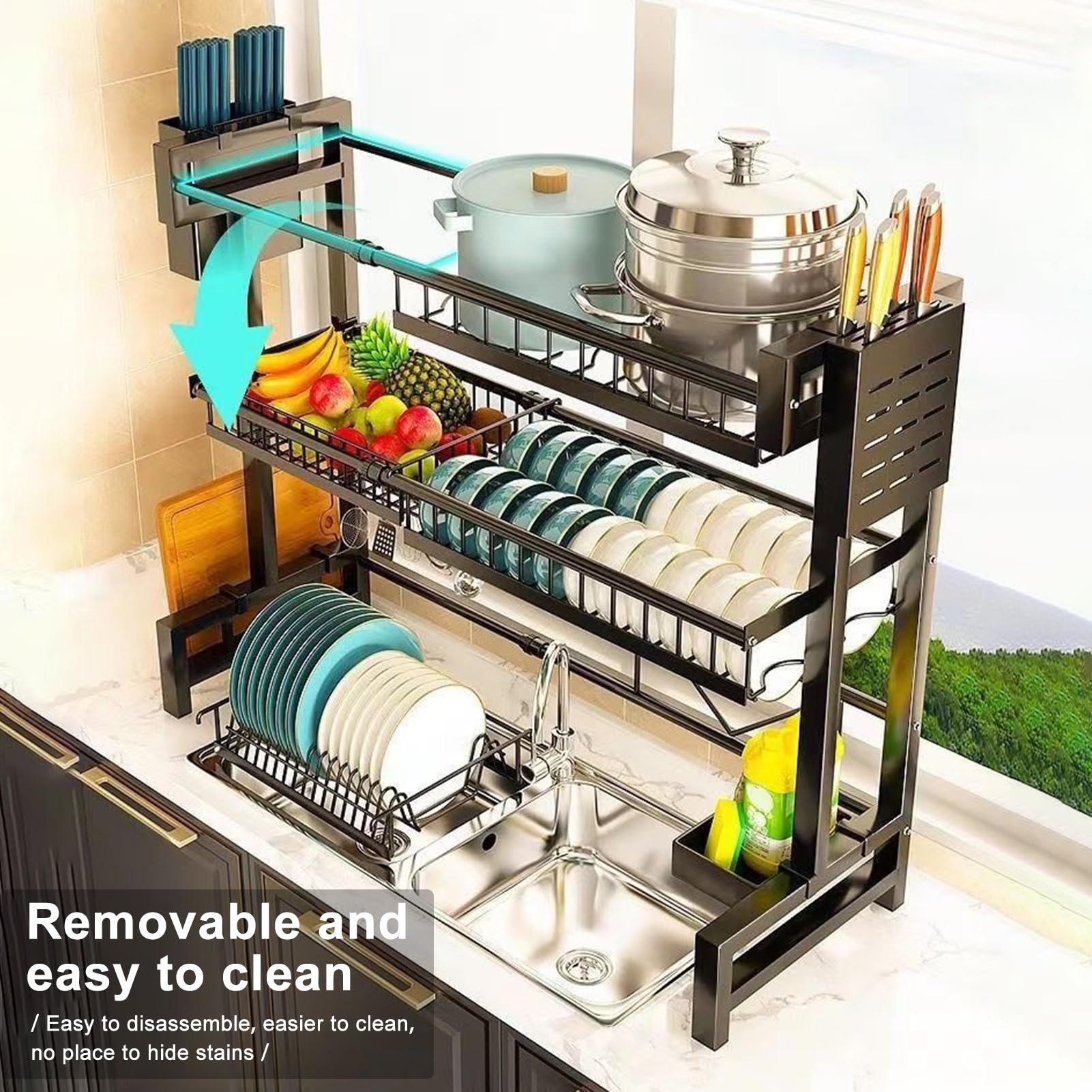 Dish Drying Rack,Over The Sink Dish Drying Rack,2 Tier Large Capacity Dish Rack, Sink Organize Stand, Kitchen Counter Storage Shelf Kitchen Organizers and Storage Rack for Bowls Dishes Utensils Dual