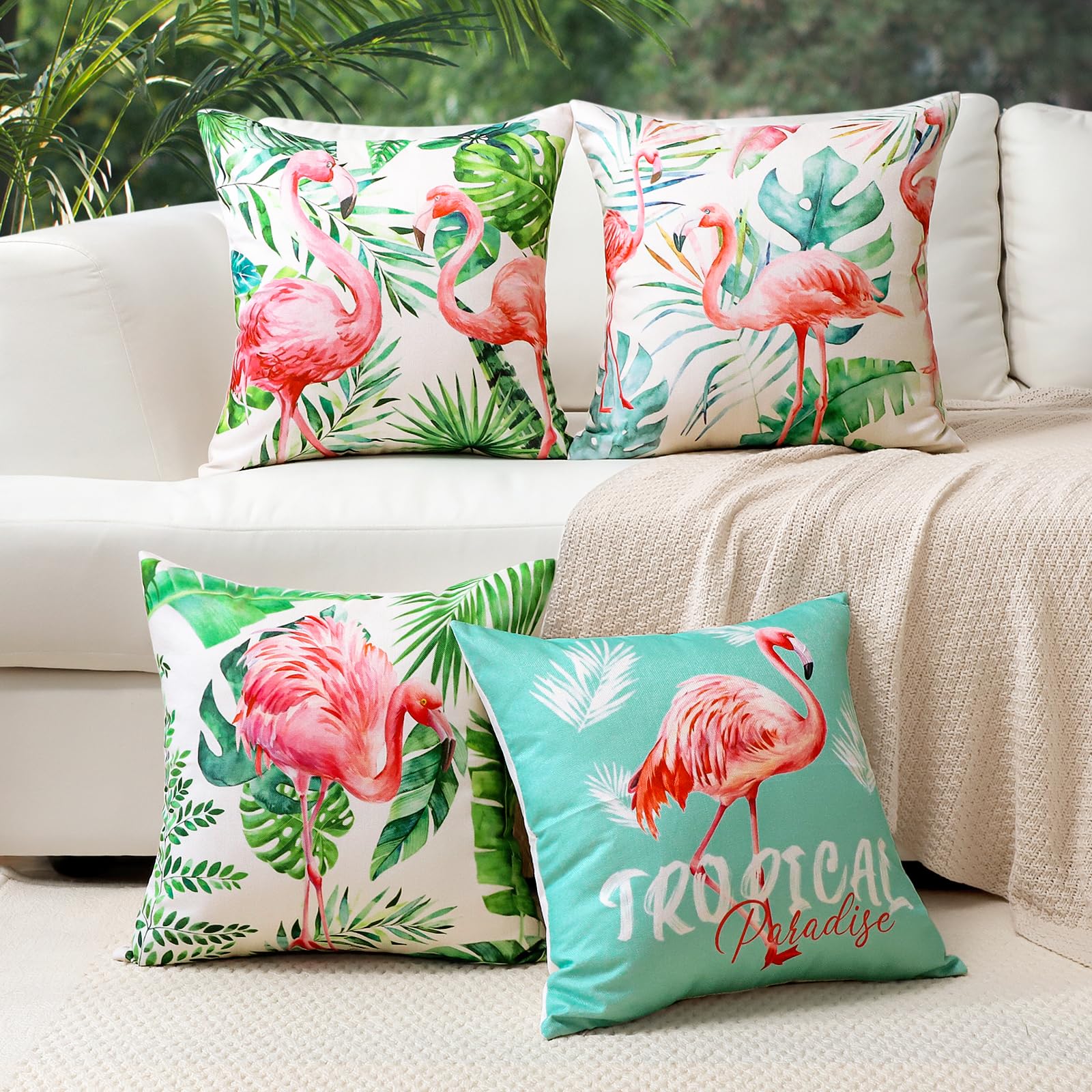 Ohok Outdoor Waterproof Pillow Covers 18x18 Set of 4 Farmhouse Decor Pillow Covers Outdoor Patio Throw Pillow Covers for Patio Funiture Garden Bed Couch Sofa (Flamingo)