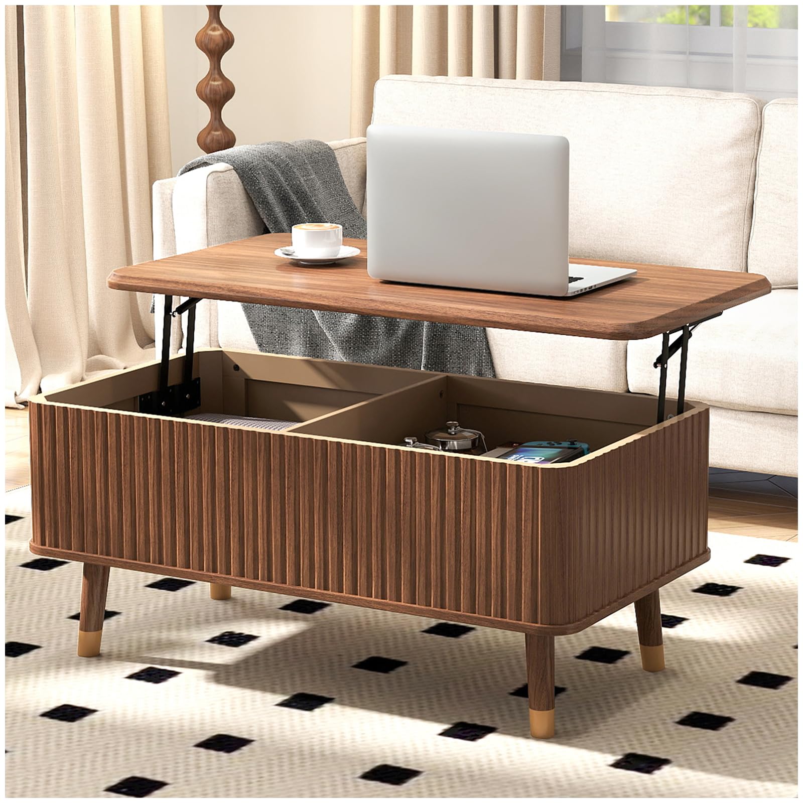 JOINICE,Lift Top Coffee Table with Storage,Mid Century Modern Coffee Table,Fluted Wood Coffee Table,Multi-Functional Center Table for Living Room,Convenient for Dining,Gaming,or Working,Walnut