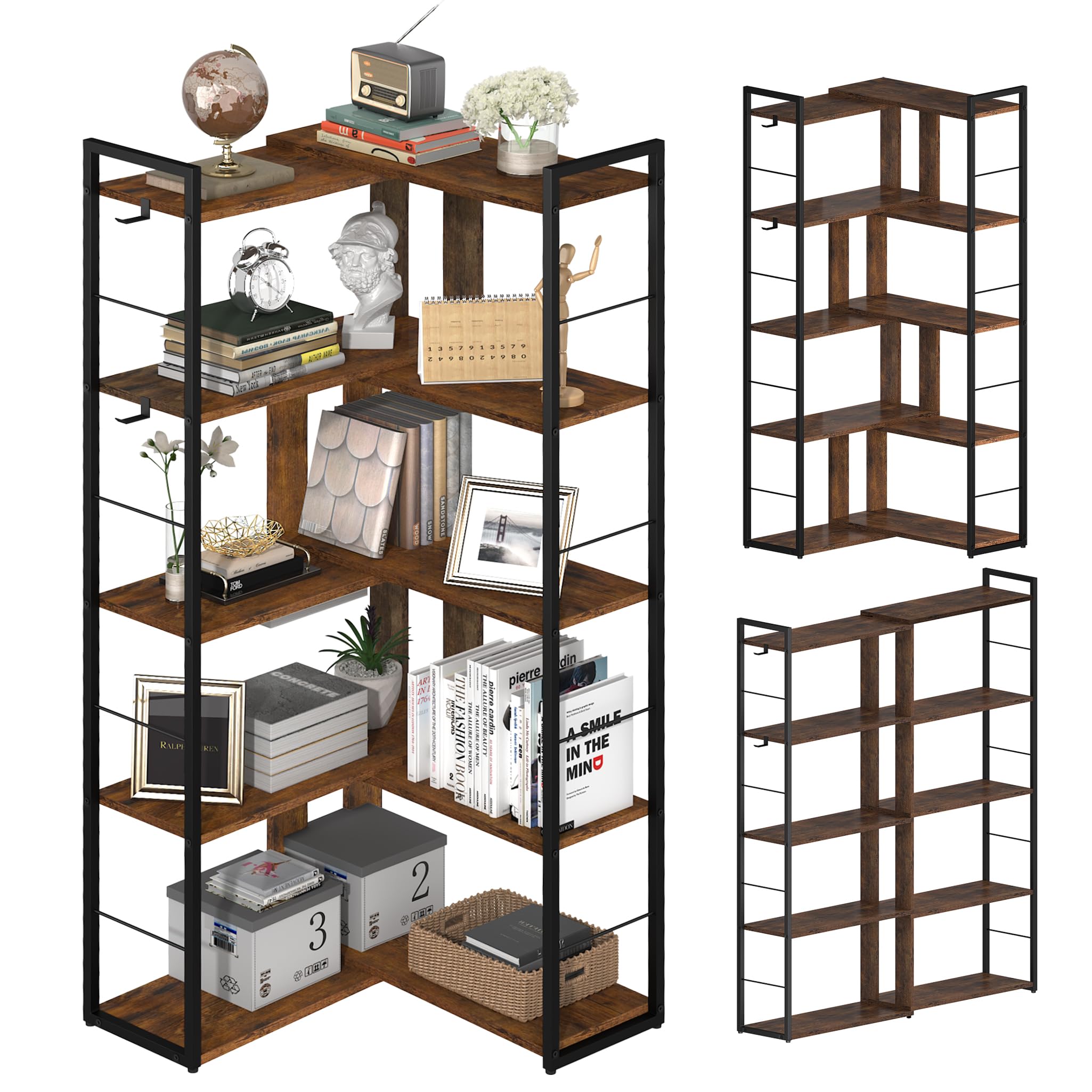 RKVPCNE 5 Tier L Shaped Bookshelf Wood Bookcase with 2 Hooks Modern Corner Bookshelf Library Industrial Shelving Book Case Adjustable Book Shelves for Bedroom Living Room Home Office Rustic Brown