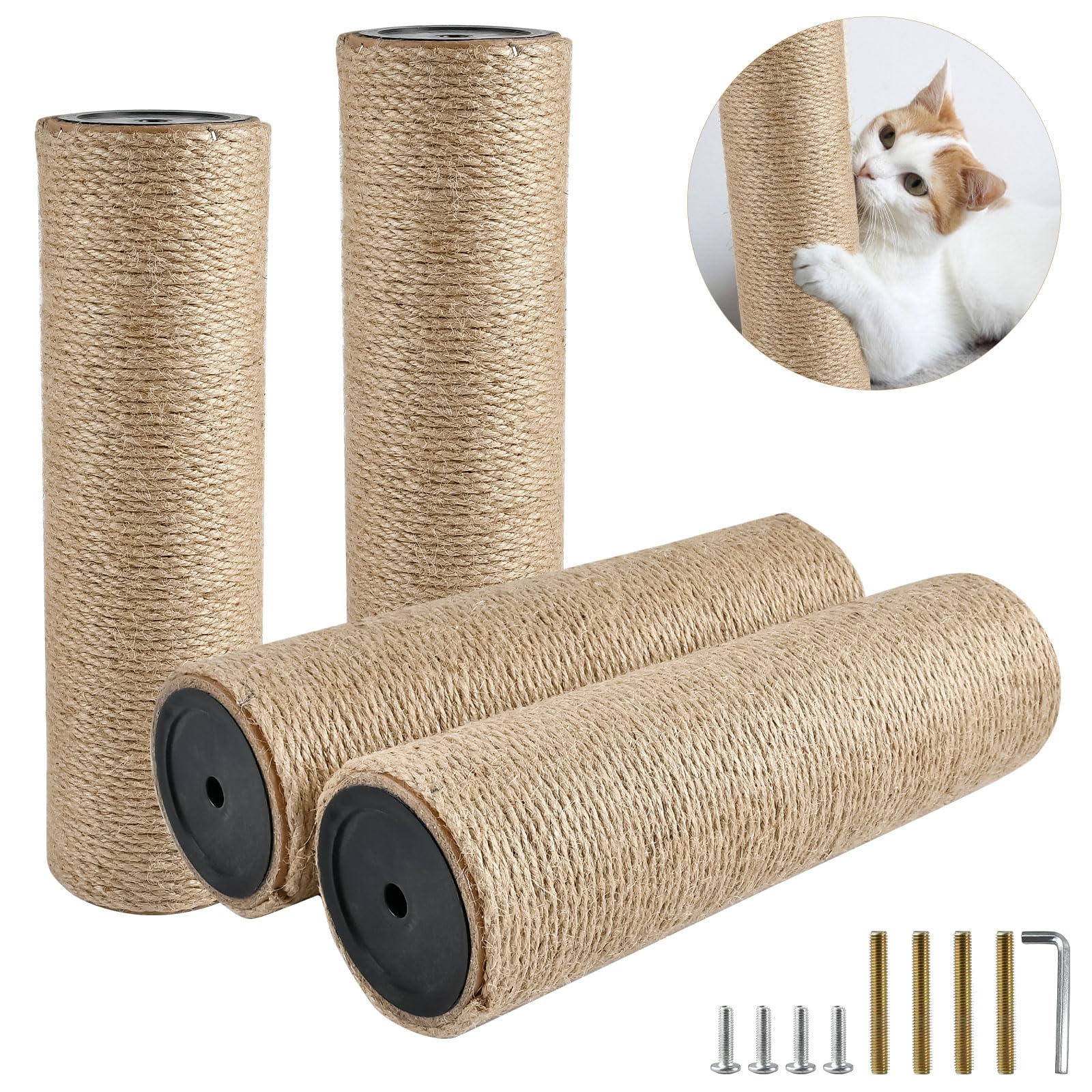 Lainballow 4 Pcs Cat Scratching Post Replacement, Natural Jute Pole Cat Tree Replacement Parts, Cat Scratch Pole with 8 M8 Screws and 1 Wrench for Indoor Kittens Tower (11.8 x 3.3 in)