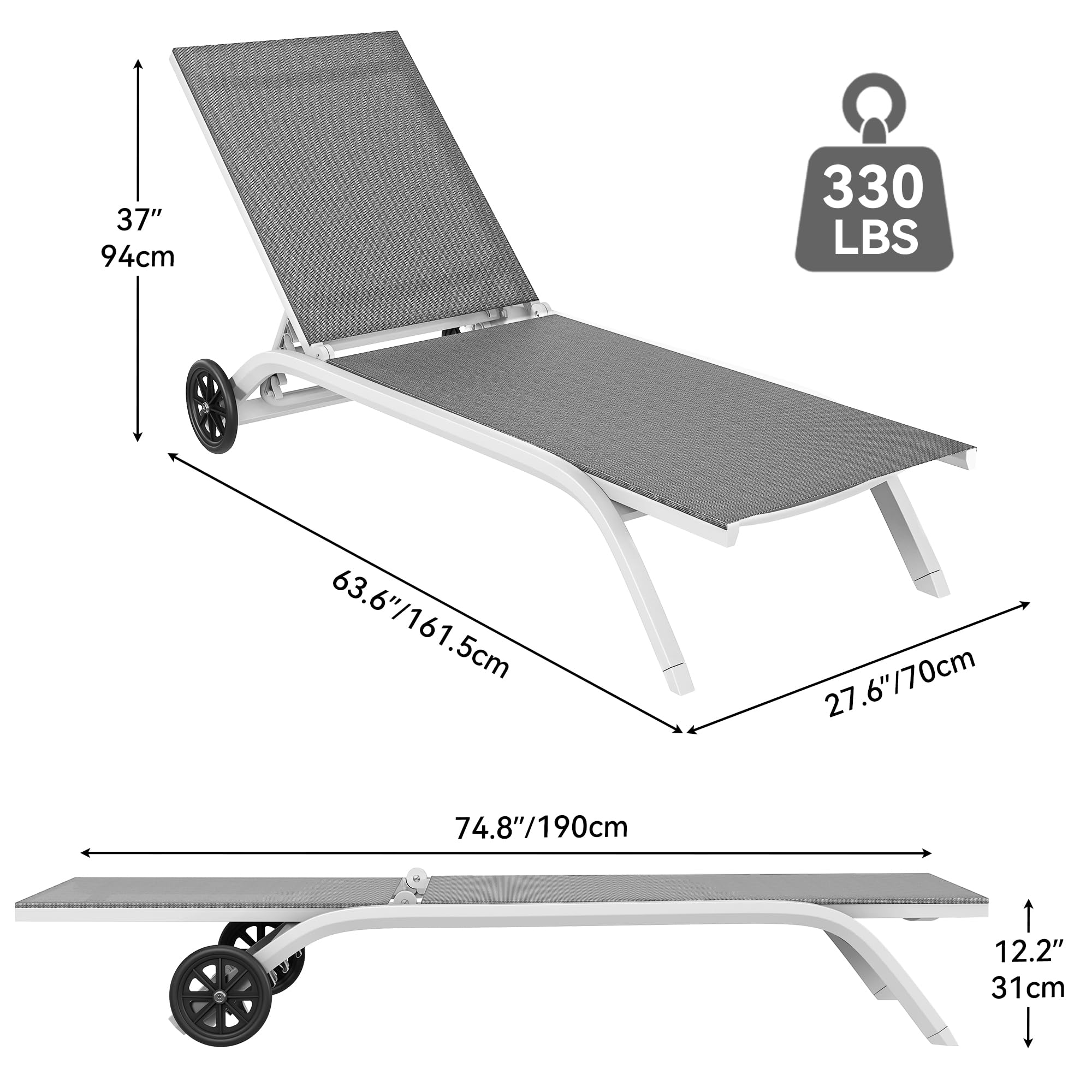 YITAHOME Aluminum Chaise Lounge Outdoor, Widened Patio Lounge Chair with Wheels, 5-Position Adjustable Sunbathing Recliner for Poolside, Backyard, Lawn (Grey)