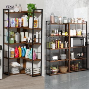 RKVPCNE 5 Tier L Shaped Bookshelf Wood Bookcase with 2 Hooks Modern Corner Bookshelf Library Industrial Shelving Book Case Adjustable Book Shelves for Bedroom Living Room Home Office Rustic Brown