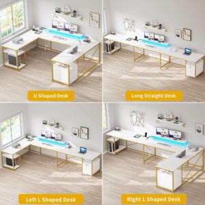 DWVO U Shaped Desk with Drawers, 79" Reversible L Shaped Desk with Power Outlets & LED Lights, Corner Computer Desk with Monitor Stand & Storage Shelves, White & Gold