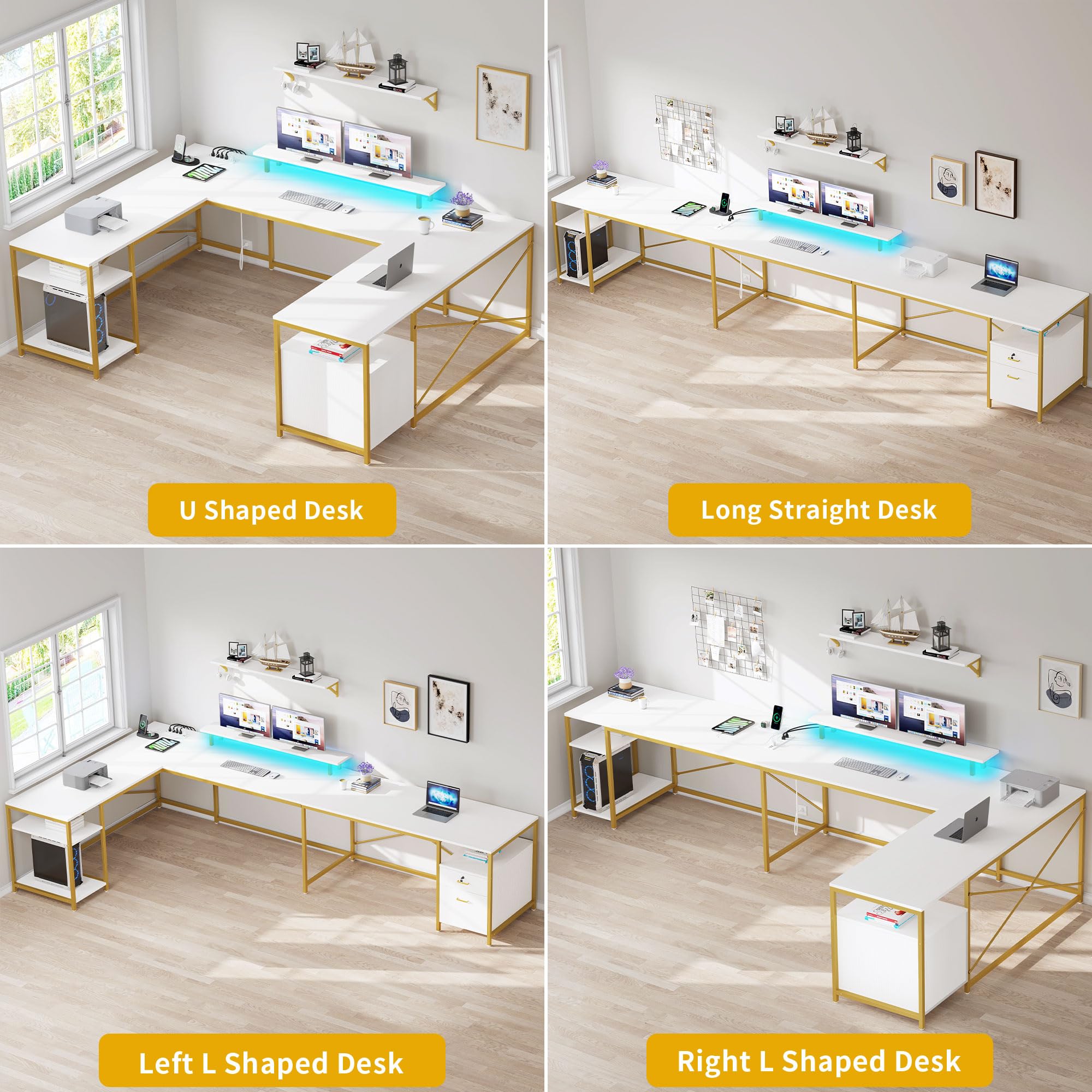 DWVO U Shaped Desk with Drawers, 79" Reversible L Shaped Desk with Power Outlets & LED Lights, Corner Computer Desk with Monitor Stand & Storage Shelves, White & Gold