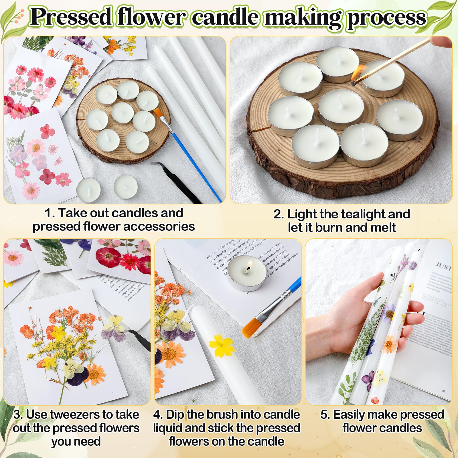 MTLEE 30 Pack Pressed Flower Candles Making Kit 6 Set Dried Pressed Flowers 12 White Taper Candles 10 White Tealight Candles with Tweezers Brush for DIY Candles Crafts Birthday Wedding Party Favors