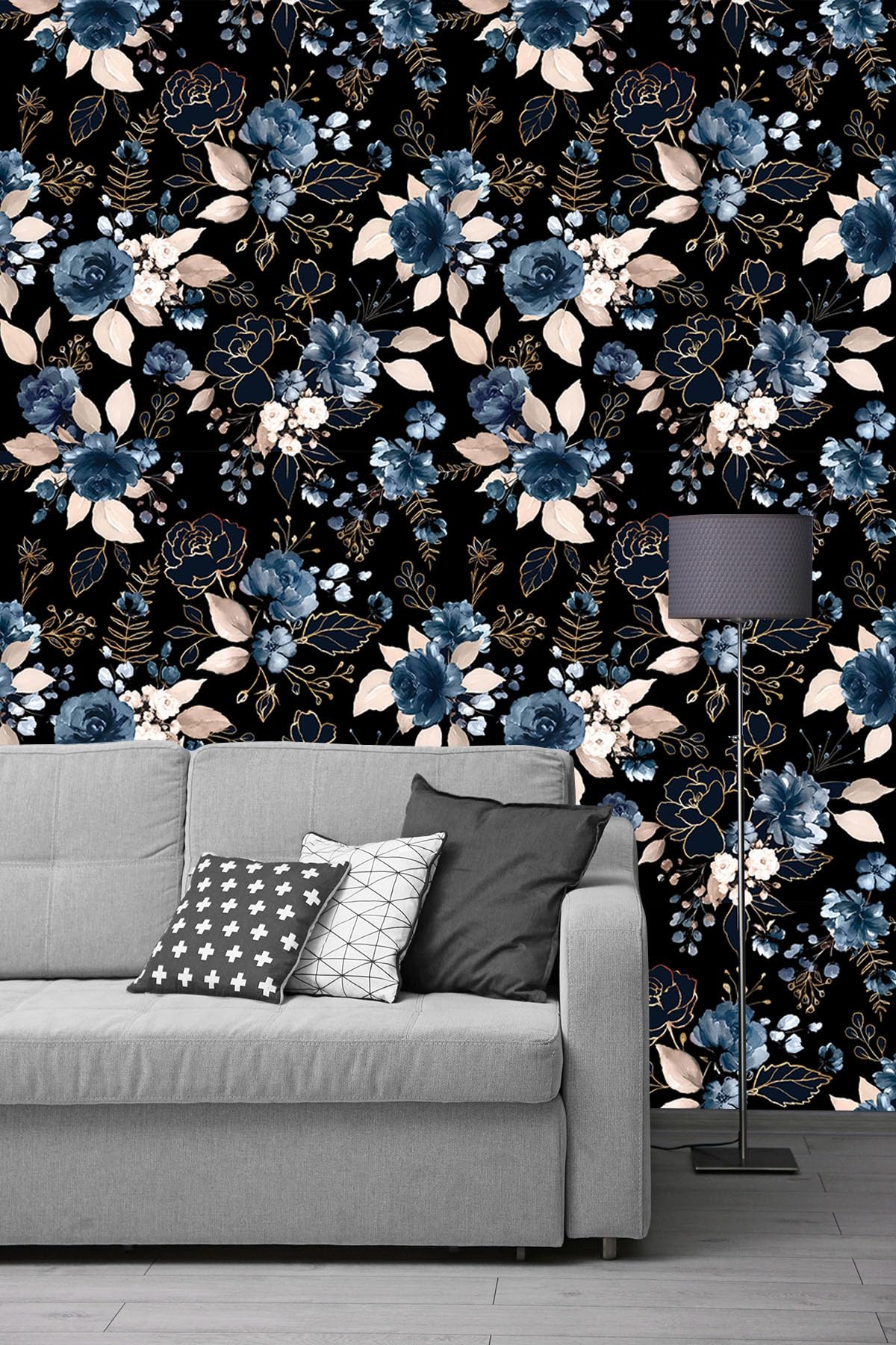 MIAHOME Black and Gold Floral Vintage Wallpaper Peel and Stick Wallpaper Flower Art Deco Dark Blue Contact Wall Paper for Cabinets Removable Vinyl Rose Self Adhesive Wallpaper 17.7in x 6.6ft