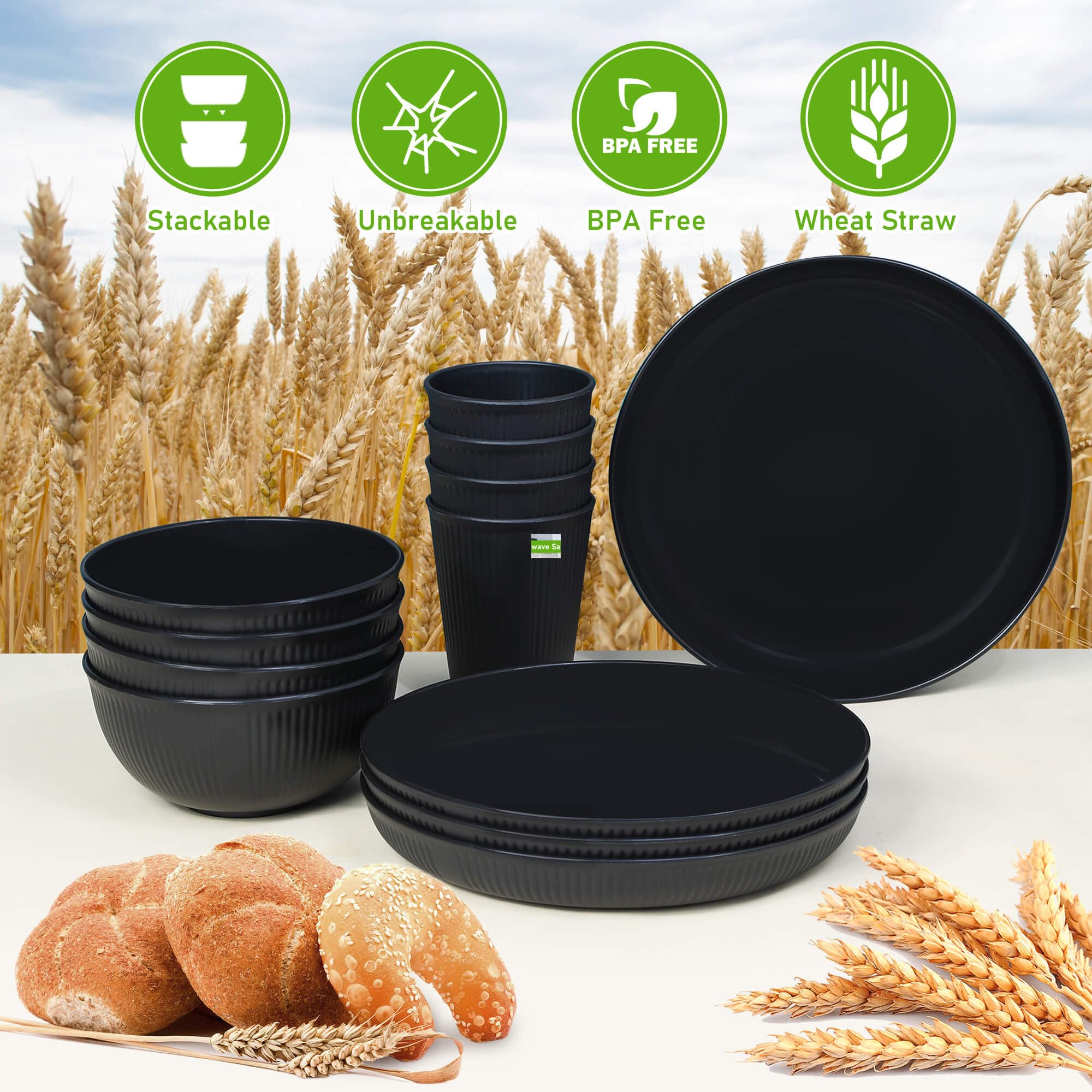 12pcs Wheat Straw Dinnerware Sets for 4, Kitchen Unbreakable Plates and Bowls Sets for College Dorm Apartment Resuable Black