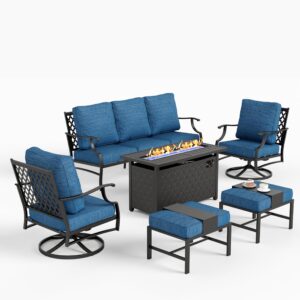 SUNSHINE VALLEY 6 Piece Metal Outdoor Patio Furniture Set with Firepit Table, Patio Conversation Set 3-seater Sofa, 2 Swivel Chair, 2 Ottoman with 5.75" Thick Cushion, Black Backyard Furniture, Blue-2