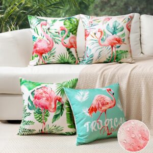 Ohok Outdoor Waterproof Pillow Covers 18x18 Set of 4 Farmhouse Decor Pillow Covers Outdoor Patio Throw Pillow Covers for Patio Funiture Garden Bed Couch Sofa (Flamingo)