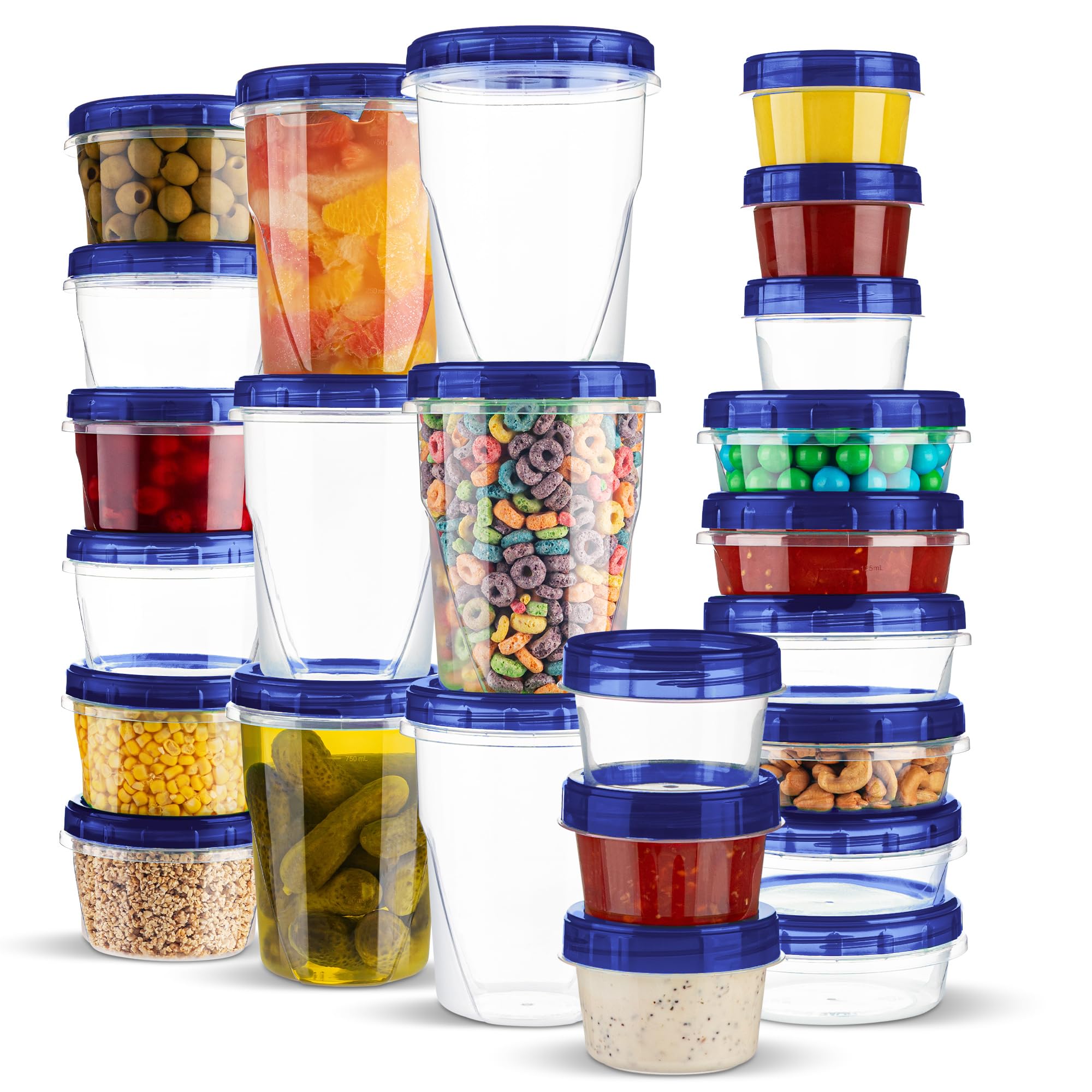 PLASTICPRO 24 Pack Twist Top Containers Assorted Sizes Plastic Food Storage Containers with Blue Twist on Lids Stackable Reusable