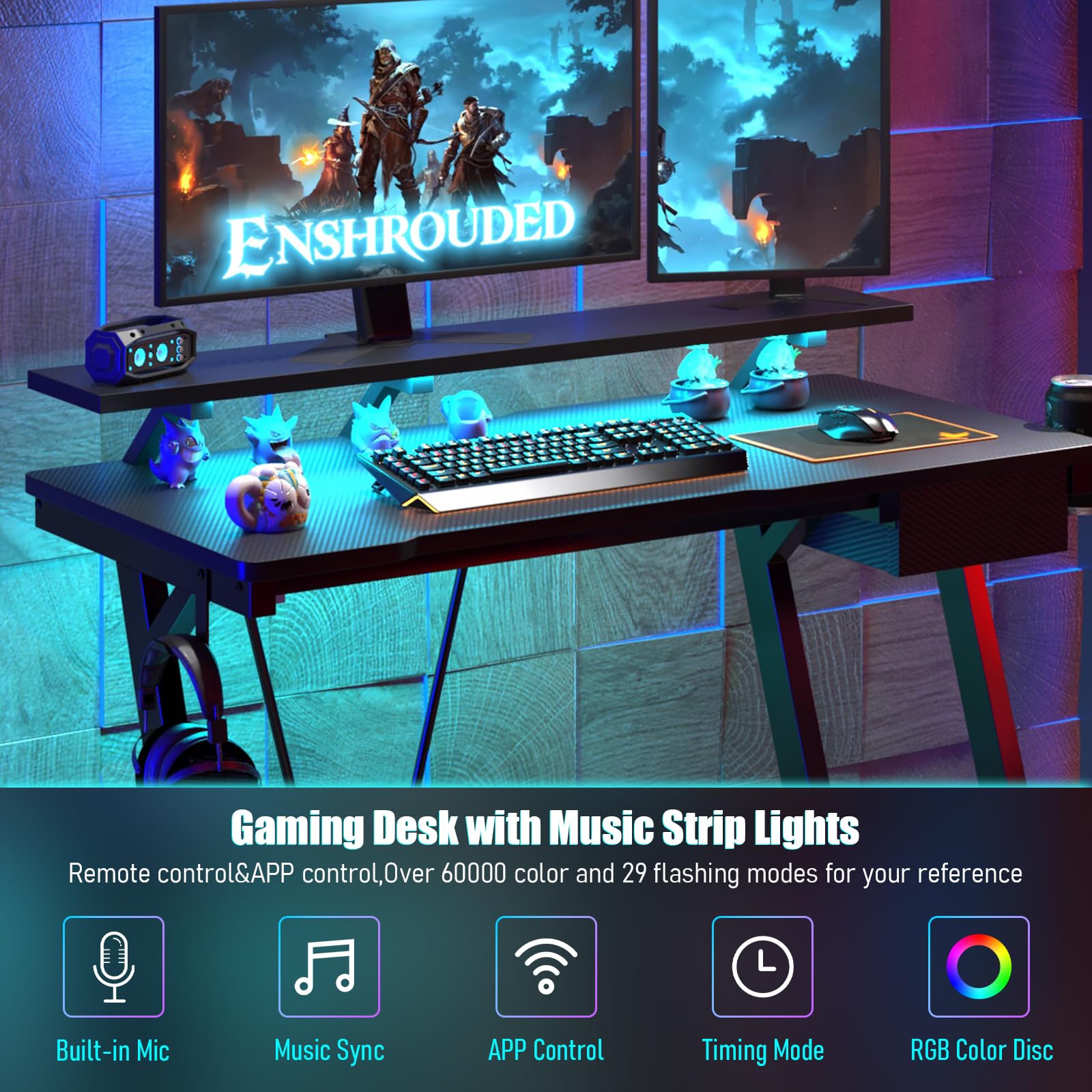 TREETALK Gaming Desk with Power Outlets & Music Strip Lights, Computer Desk with Large Monitor Stand&Drawer, Gamer Workstation with CPU Stand for Home Office