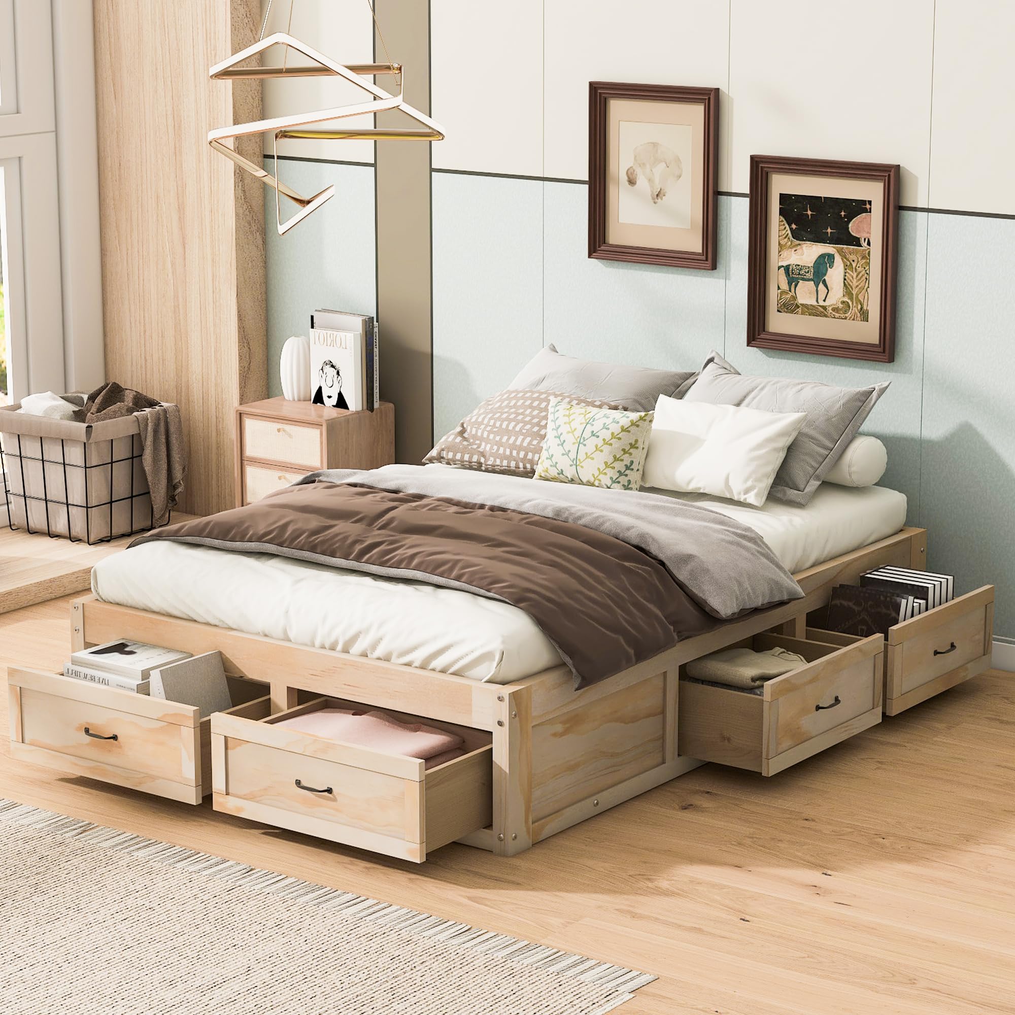 CITYLIGHT Wood Full Storage Bed Frame, Space Saving Full Size Platform Bed with 6 Drawers, Mattress Foundation with Wood Slat Support, Noise-Free, No Box Spring Needed,Antique Natural