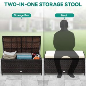 YITAHOME Outdoor Wicker Storage Bench Deck Box, Large PE Rattan Patio Storage Bench w/Covenient Handles and Soft Cushion for Patio, Yard, Lawn, Garden