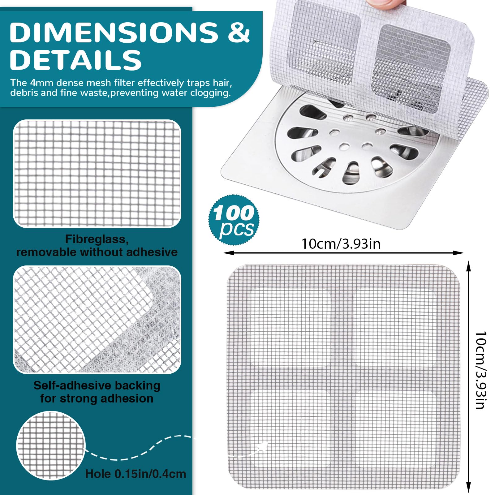 100pcs Shower Drain Hair Catcher, 4 Inch Square Bath Tub Drain Strainer, Bathtub Drain Cover for Kitchen Bathroom (Square 100Pcs)