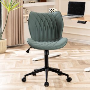 YOUNUOKE Armless Desk Chair Comfy Office Chair with Wheels Home Ergonomic Task Chair Adjustable Computer Chairs Modern Faux Leather Swivel Chair Upholstered Makeup Vanity Chair(Grayish Green)