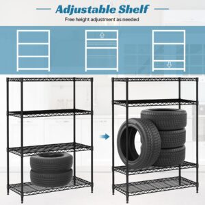 WYGMAV 4 Tier Shelf Metal Wire Shelving Unit Adjustable Storage Shelves Storage Rack Heavy Duty Steel Standing Shelf Units for Restaurant, Garage, Kitchen Metal Shelves with Feet Leveler, Black