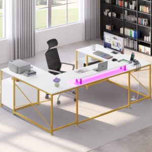 DWVO U Shaped Desk with Drawers, 79" Reversible L Shaped Desk with Power Outlets & LED Lights, Corner Computer Desk with Monitor Stand & Storage Shelves, White & Gold