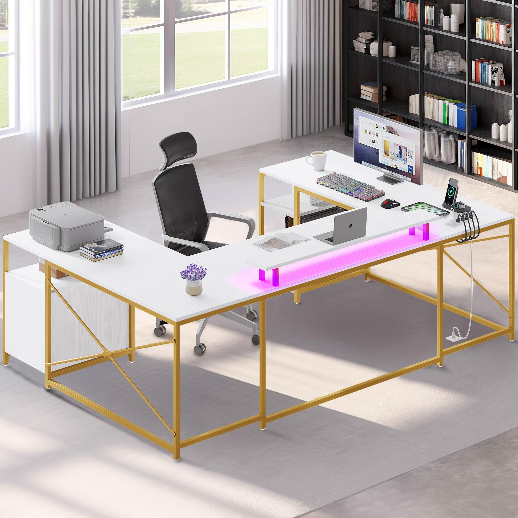 DWVO U Shaped Desk with Drawers, 79" Reversible L Shaped Desk with Power Outlets & LED Lights, Corner Computer Desk with Monitor Stand & Storage Shelves, White & Gold