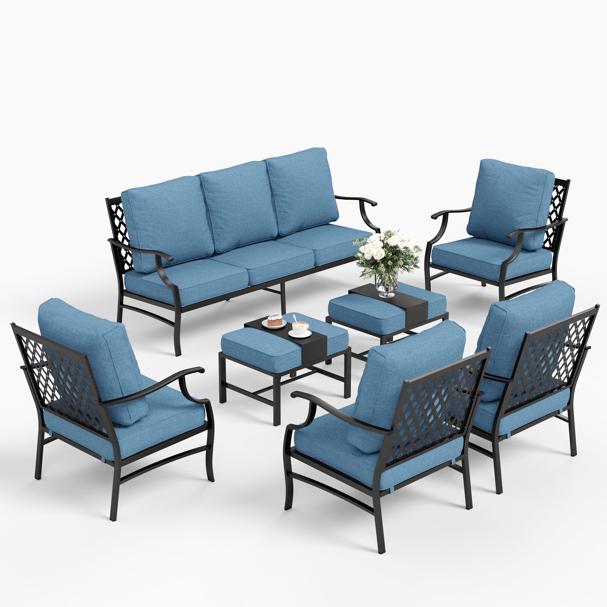 SUNSHINE VALLEY 7 Piece Metal Outdoor Patio Furniture Set, Patio Conversation Sets 1 3-seater Sofa, 4 Fixed Chair, 2 Ottomans with 5.75" Thick Cushion, Black All-weather Frame Backyard Furniture, Navy