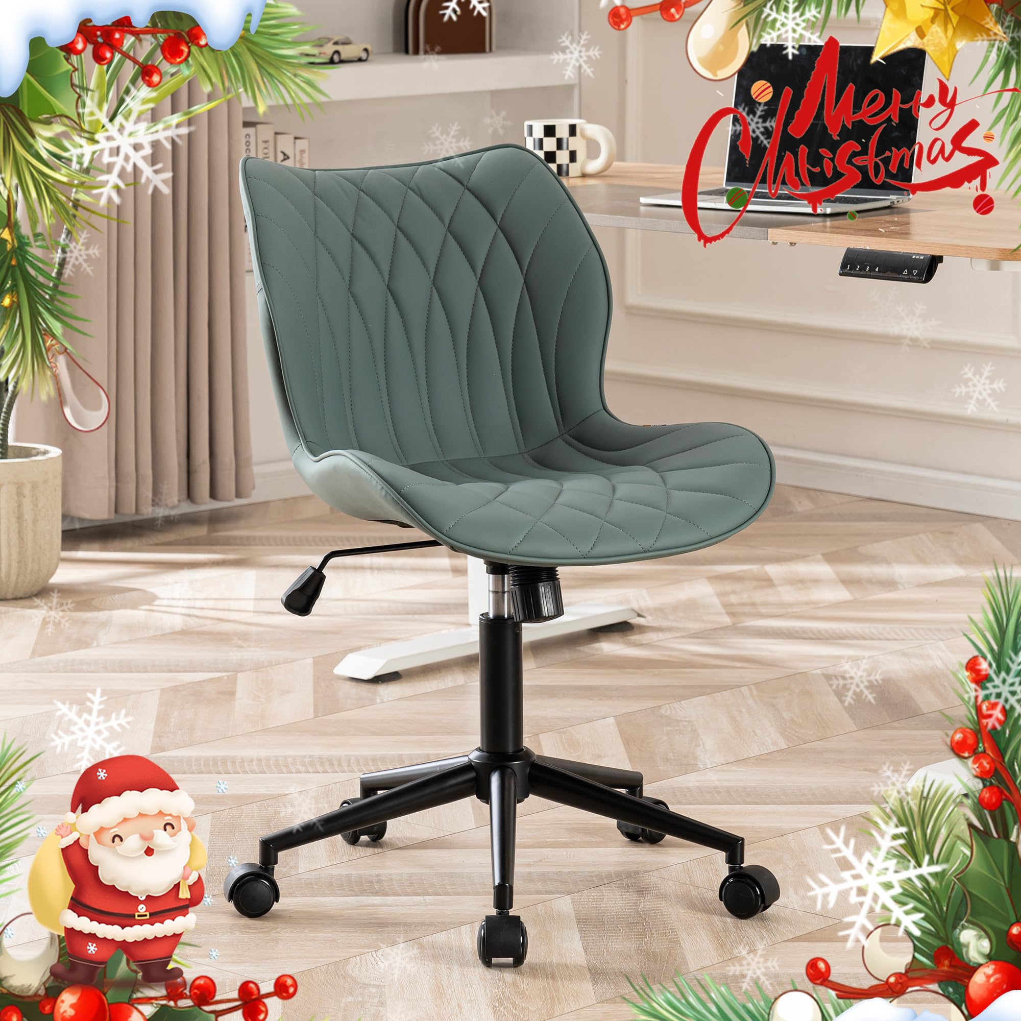 YOUNUOKE Armless Desk Chair Comfy Office Chair with Wheels Home Ergonomic Task Chair Adjustable Computer Chairs Modern Faux Leather Swivel Chair Upholstered Makeup Vanity Chair(Grayish Green)