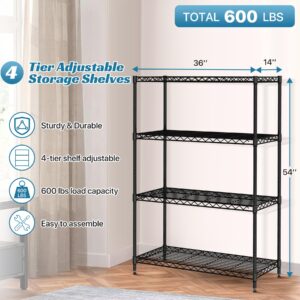 WYGMAV 4 Tier Shelf Metal Wire Shelving Unit Adjustable Storage Shelves Storage Rack Heavy Duty Steel Standing Shelf Units for Restaurant, Garage, Kitchen Metal Shelves with Feet Leveler, Black