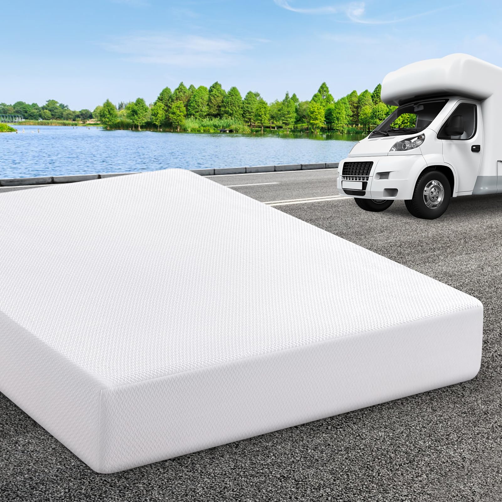 RV Mattress Short Queen 8 Inch Memory Foam Mattress, Green Tea/Gel Medium Firm Bed Mattress in a Box for Camper/Trailer/Truck, Pressure Relief Mattress Made in USA 75'' x 60''