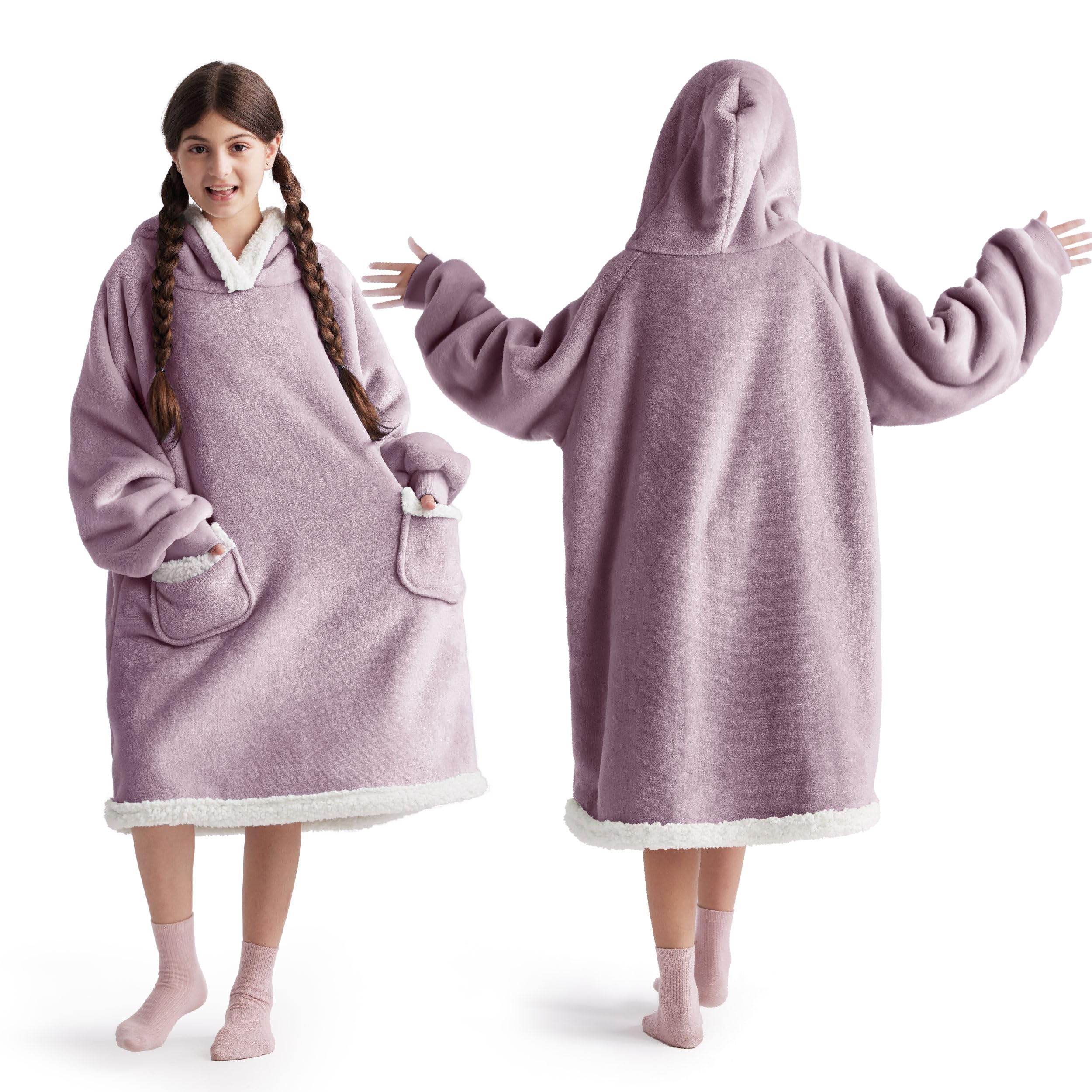 Bedsure Wearable Blanket Hoodie for Adult & Kids - Sherpa Blanket Hoodie as Gifts for Mom Women, Cozy Sweatshirt Blanket, Lavender, Kids