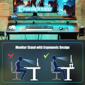 TREETALK Gaming Desk with Power Outlets & Music Strip Lights, Computer Desk with Large Monitor Stand&Drawer, Gamer Workstation with CPU Stand for Home Office