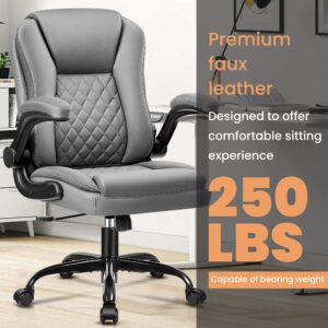 Brick Attic Office Chair, Executive Office Chair Leather Ergonomic Computer Desk Chair with Wheels Swivel Task Chair with Lumbar Support and Flip-up Armrests Gray