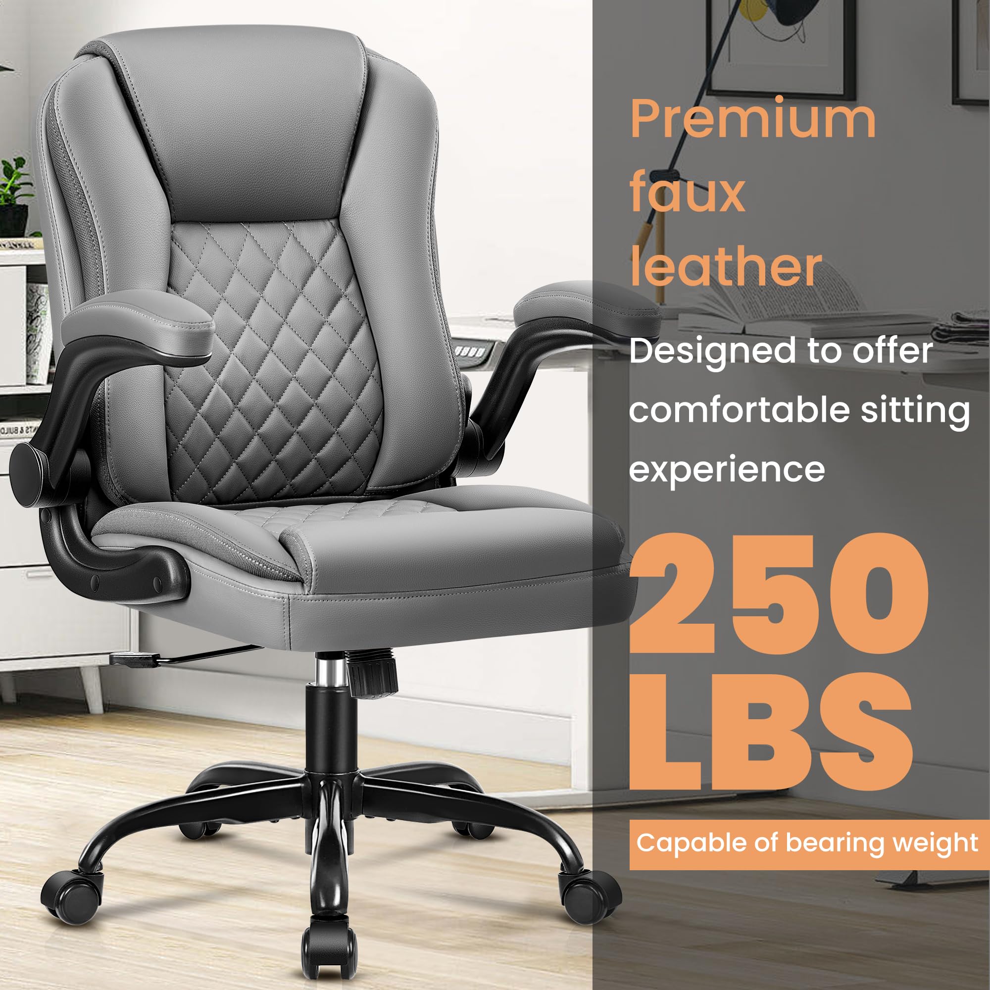 Brick Attic Office Chair, Executive Office Chair Leather Ergonomic Computer Desk Chair with Wheels Swivel Task Chair with Lumbar Support and Flip-up Armrests Gray