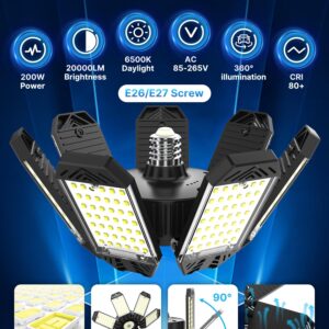 HAPYLUMI LED Garage Light 200W, Super Bright Garage Lights 20000LM Garage Lights Ceiling Led with 7 Adjustable Panels 6500K Led Shop Lights Screw in E26/E27 Bulb Socket for Garage Basement Lighting