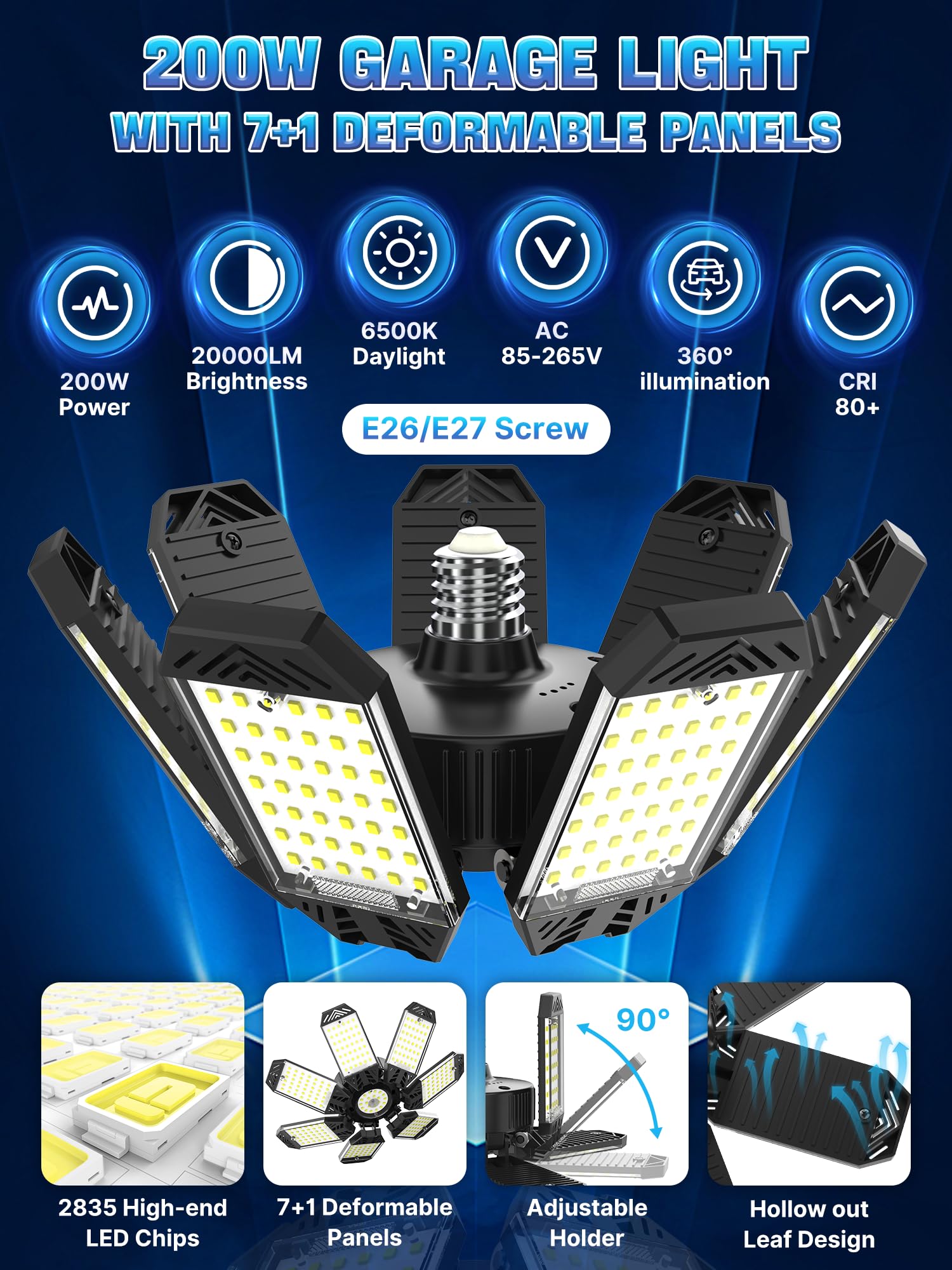 HAPYLUMI LED Garage Light 200W, Super Bright Garage Lights 20000LM Garage Lights Ceiling Led with 7 Adjustable Panels 6500K Led Shop Lights Screw in E26/E27 Bulb Socket for Garage Basement Lighting