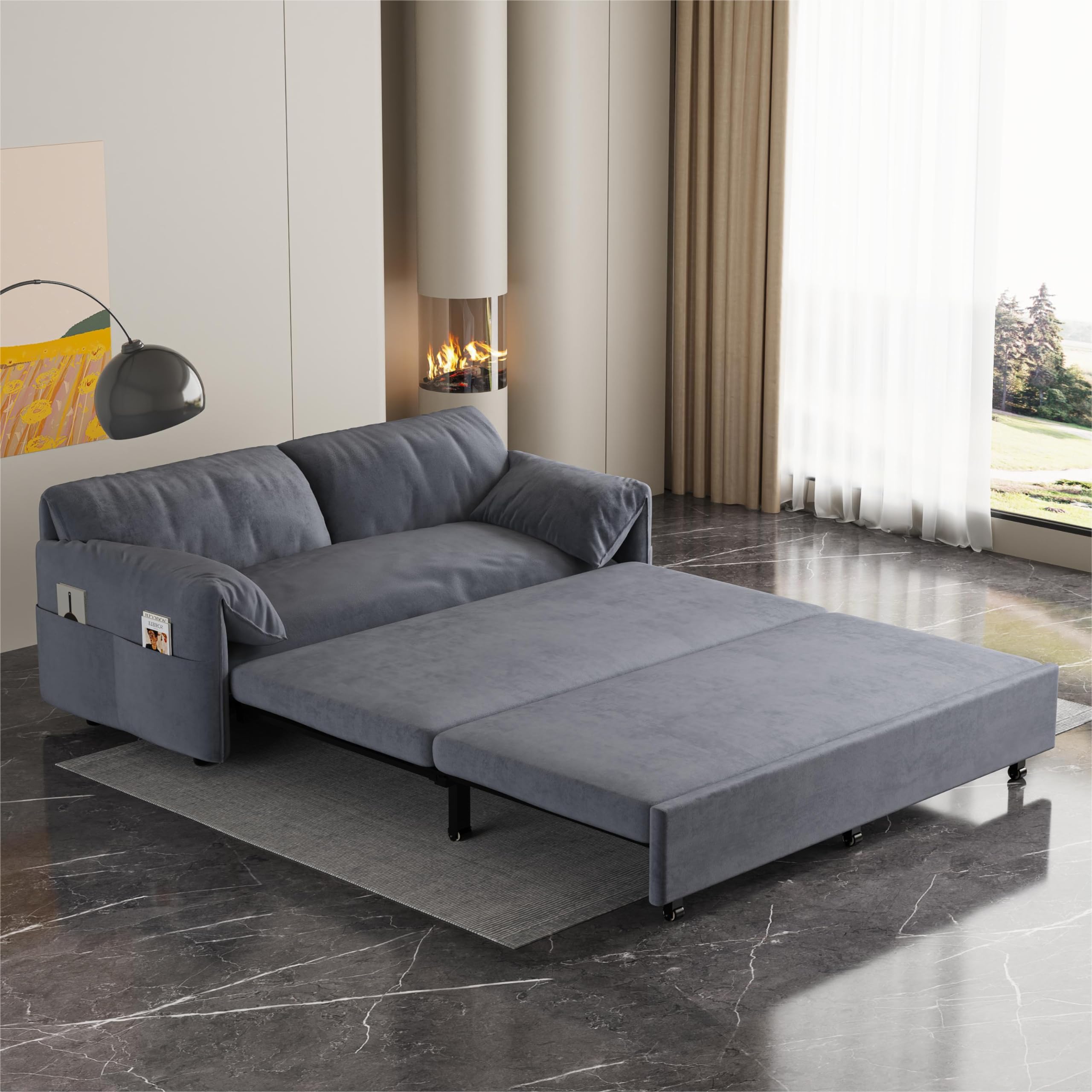 HomSof Pull Bed,3-in-1 Convertible Sleeper Sofa 2 Soft Pillows, Queen+Side Storage, Grey