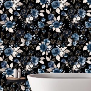 MIAHOME Black and Gold Floral Vintage Wallpaper Peel and Stick Wallpaper Flower Art Deco Dark Blue Contact Wall Paper for Cabinets Removable Vinyl Rose Self Adhesive Wallpaper 17.7in x 6.6ft