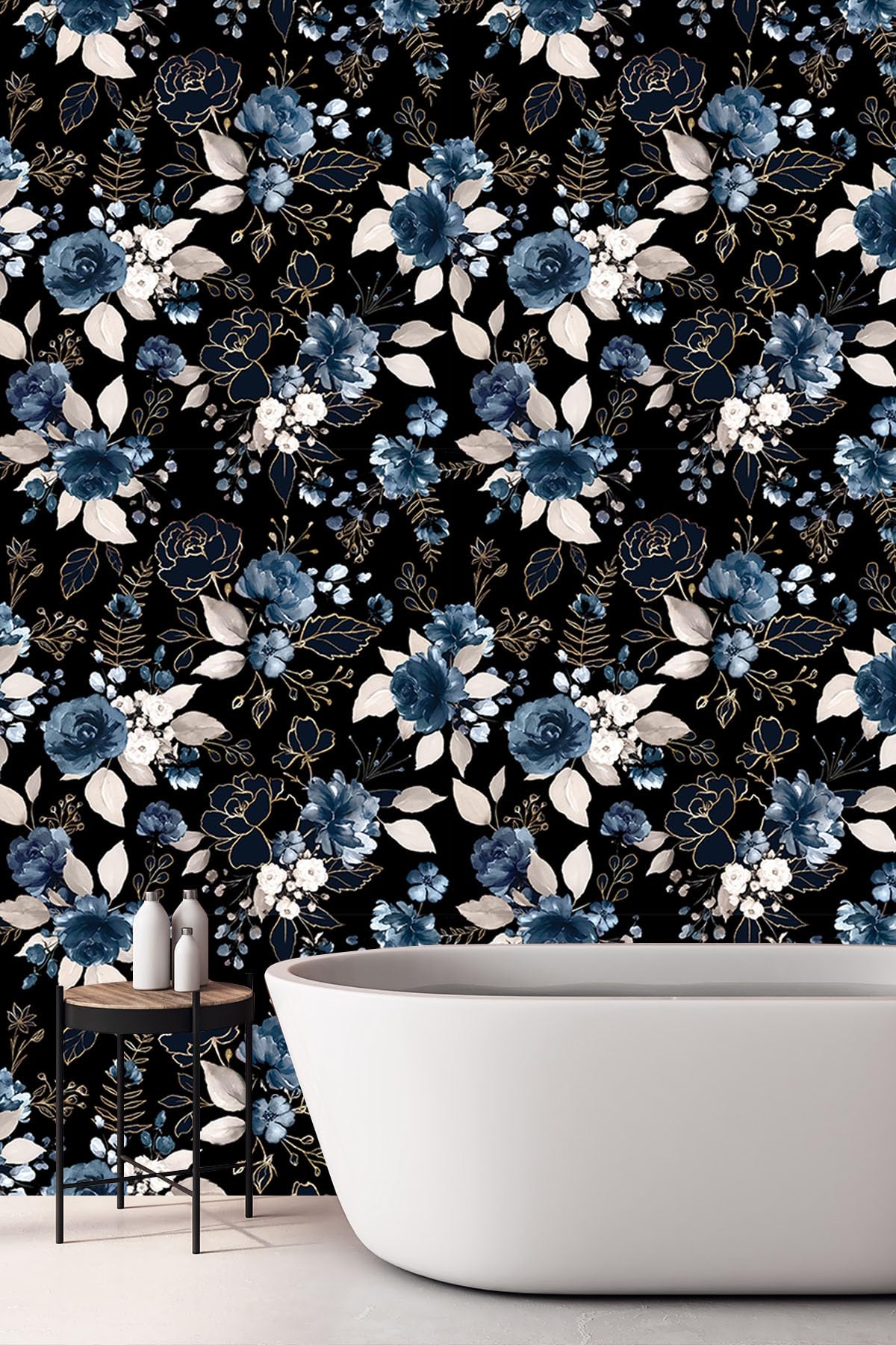 MIAHOME Black and Gold Floral Vintage Wallpaper Peel and Stick Wallpaper Flower Art Deco Dark Blue Contact Wall Paper for Cabinets Removable Vinyl Rose Self Adhesive Wallpaper 17.7in x 6.6ft