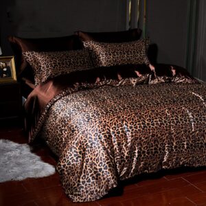 fkhfti duvet cover sets double, 4 pcs satin silk bedding set with bed sheets leopard printed comforters covers with 2 pillowcases,2-king (1 king)